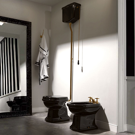 Унитаз Kerasan Retro 101104 nero с высоким бачком, горизонтальный выпуск, фурнитура бронза