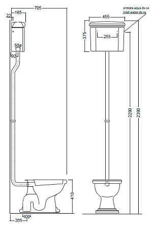 Унитаз Kerasan Retro 101001 с высоким бачком, вертикальный выпуск, фурнитура золото