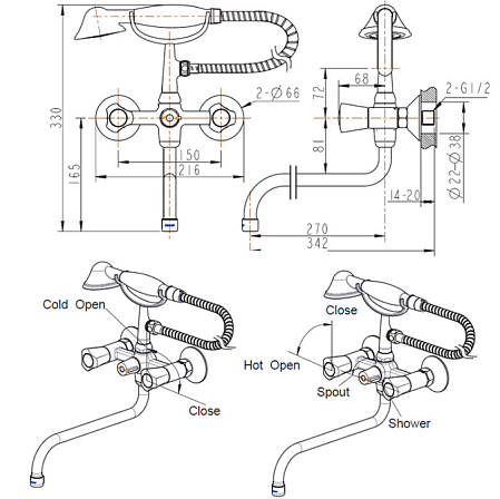 Смеситель Bravat DUO F6133186CP-LB-RUS для ванны с  душем