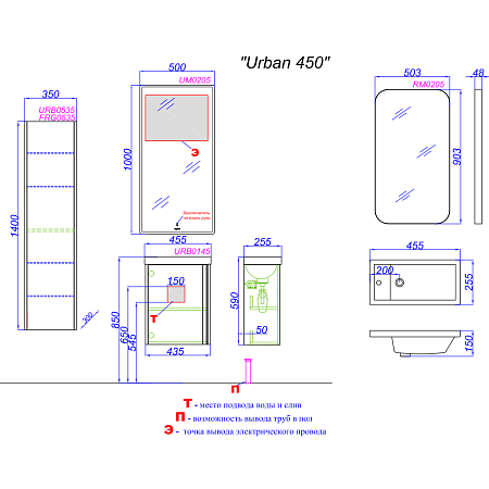 Тумба под раковину Aqwella Urban URB0145DD 45 дуб давос