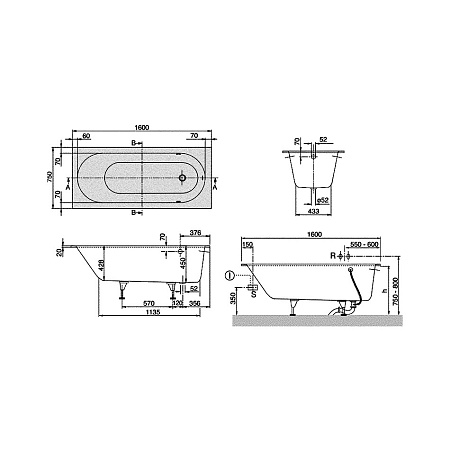Ванна квариловая Villeroy & Boch Oberon UBQ160OBE2V-01 160х75 см, белая