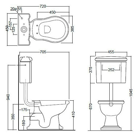 Унитаз Kerasan Retro 101101 со средним бачком, горизонтальный выпуск, фурнитура золото
