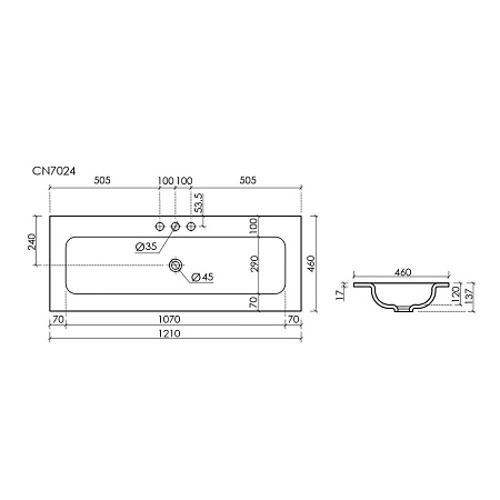 Раковина накладная Ceramica Nova Grace CN7024 121x45,7x13,7 три отверстия, белый