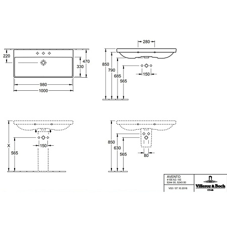 Раковина Villeroy & Boch Avento 4156A501 100х47 альпийский белый 