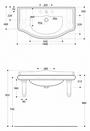 Раковина Kerasan Retro 105001*3 100 с 3 отверстиями под смеситель, белый