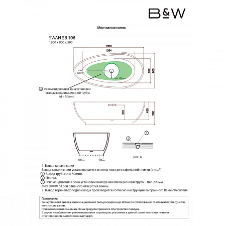 Акриловая ванна Black & White Swan SB106 180х90