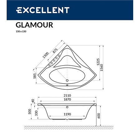 Акриловая ванна Excellent Glamour WAEX.GLA15WH 150x150 белый