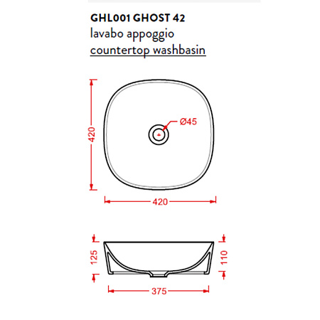 Раковина ArtCeram Ghost GHL001 01;00 42 белый глянцевый