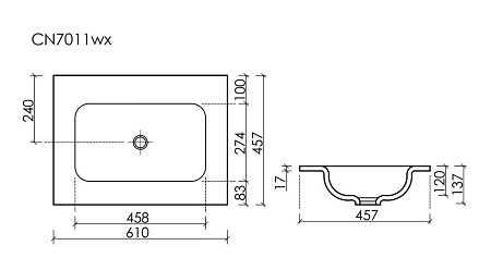Раковина накладная Ceramica Nova Grace CN7011wx 61x45.7x13.7 без отв. под смес., белый
