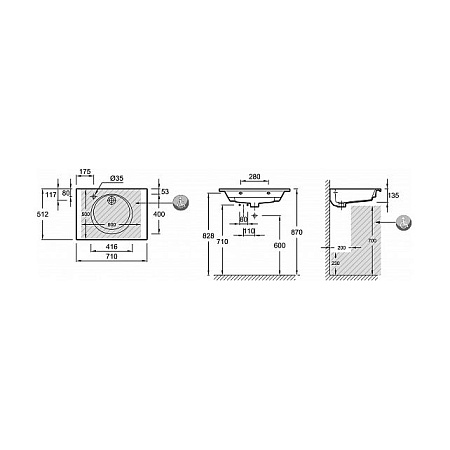 Раковина Jacob Delafon Odeon Rive Gauche EXAX112-Z-00 70х50