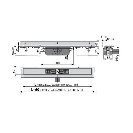 Душевой лоток AlcaPlast APZ4-105 1050 с порогами, с регулируемым краем к стене, с боковым стоком