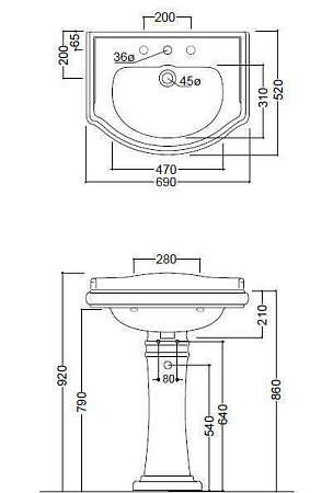 Раковина Kerasan Retro 104601*0 69 без отверстия под смеситель, белый