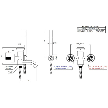 Смеситель Remer Element ET02NO для ванны с душем, чёрный матовый