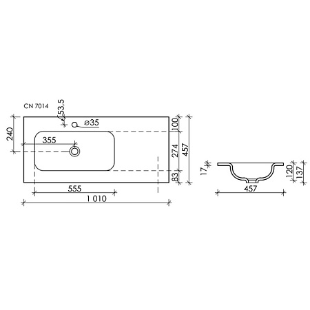 Раковина накладная Ceramicanova Grace CN7014 102x47x15 чаша слева, белый