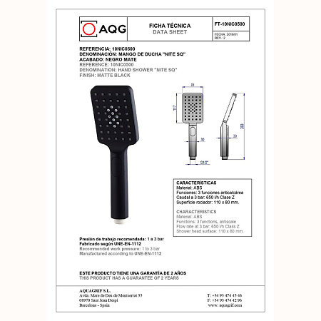 Душевая лейка AQG Nite SQ 10NIC0500 черный матовый