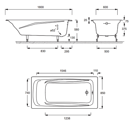 Чугунная ванна Jacob Delafon Repos E2904-00 180х85 без отверстий для ручек