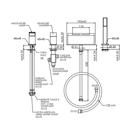 Смеситель Remer Qubica Q08 на борт ванны, хром