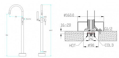 Смеситель Boheme Uno 469-GM для ванны с душем, напольный, оружейная сталь