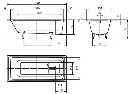 Ванна стальная Kaldewei Puro 652 170х75 см Easy-clean 256200013001