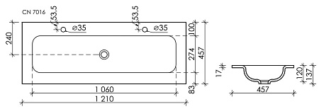Раковина накладная Ceramica Nova Grace CN7016MB 121x45.7x13.7 два отверстия, черный матовый
