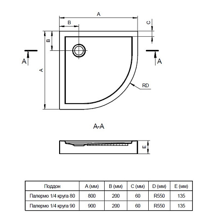 Поддон для душа акриловый Santek Палермо 1WH302477 80*80 четверть круга
