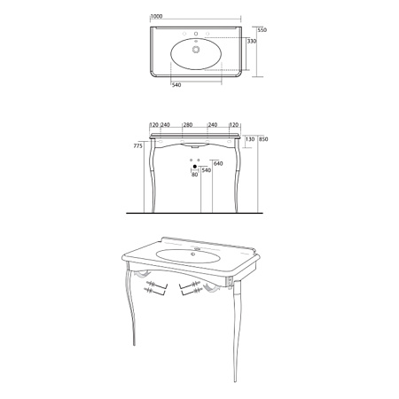 Раковина Kerasan Retro 1049K0 bi*3 cr legs 100 на хромированных ножках, с 3 отв. под смеситель