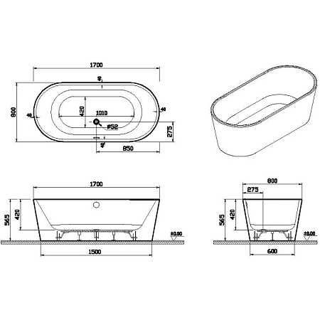 Ванна акриловая VitrA Geo 65370006000 170x80 с ножками и сифоном