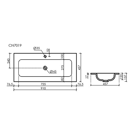 Раковина накладная Ceramica Nova Grace CN7019MB 91x45,7x13,7 с отв. под смесит., черный матовый