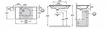 Раковина Jacob Delafon Odeon Rive Gauche EXAV112-Z-00 90х50