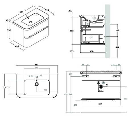 Тумба с раковиной Berloni Bagno Fly FLYBA2C001CX0/1416  88 Mineralmatt