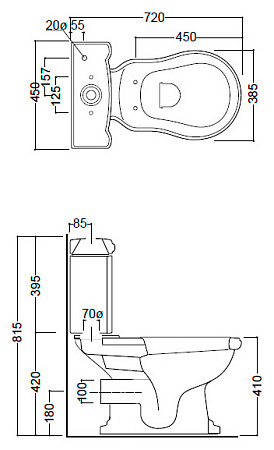 Унитаз-компакт Kerasan Retro 101301 горизонтальный выпуск,ручка смыва справа, фурнитура золото