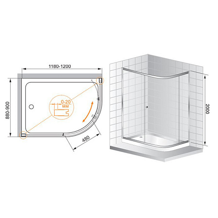 Душевой уголок Cezares Anima RH1 120/90 C Cr L прозрачное стекло