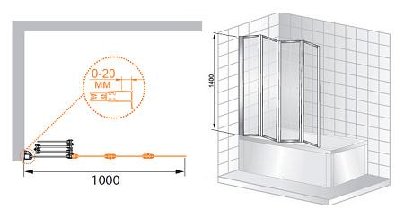 Шторка на ванну Cezares Pratico PRATICO-V-4-100/140-P-Cr-L 100 L рифленое стекло