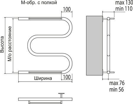 Полотенцесушитель водяной Terminus M-образный 600х532 с полкой, хром