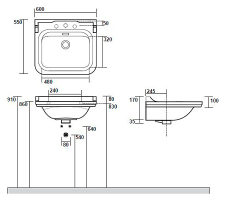 Раковина Kerasan Waldorf 4140K1bi/cr*3 60 c 3 отверстиями под смеситель, белый