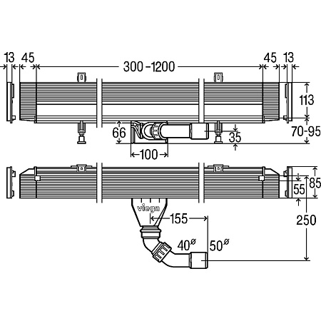 Душевой лоток Viega Advantix Vario 4968.10 736736 L300–1200 BH70–100 для пристенного монтажа
