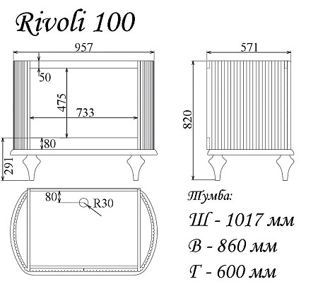Тумба под раковину Tessoro Rivoli TS-RI910-C-W/SD 100 белый/цоколь с ножками серебро