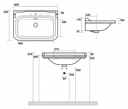 Раковина Kerasan Waldorf 4141K1bi/cr*3 80