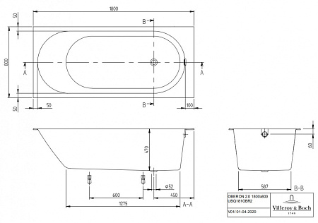 Ванна квариловая Villeroy & Boch Oberon 2.0 SOLO UBQ181OBR2DV-01 180х80 см, альпийский белый