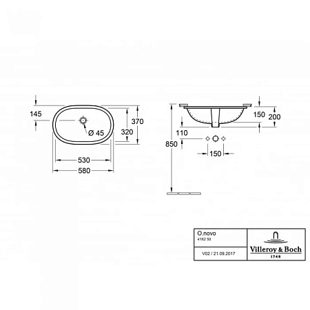 Раковина Villeroy & Boch O.Novo 41625001 53x32 с переливом, альпийский белый