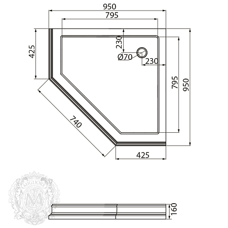 Душевой поддон Migliore 24589 95х95 см белый/декор хром