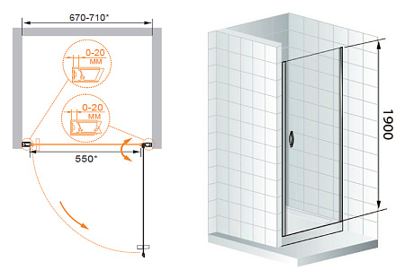 Душевая дверь в нишу Cezares Fontano B 1 80 R прозрачное стекло