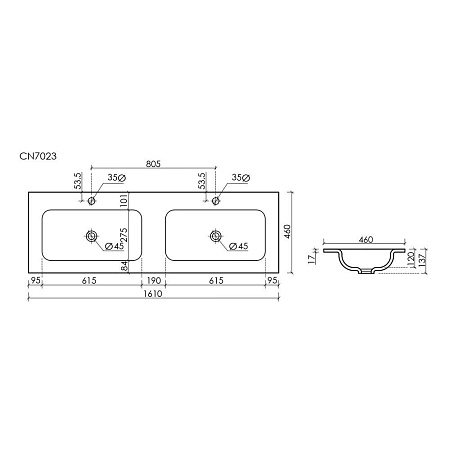 Раковина накладная Ceramica Nova Grace CN7023 161x45,7x13,7 два отверстия, белый