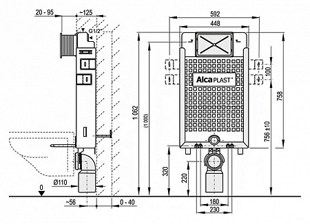 Система инсталляции для унитазов AlcaPlast Renovmodul A115/1000 для замуровывания в стену 