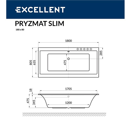 Акриловая ванна Excellent Pryzmat WAEX.PRY18WHS 180x80 белый