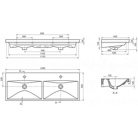 Раковина BelBagno BB-0325-120-2-LVB 120х45 белый