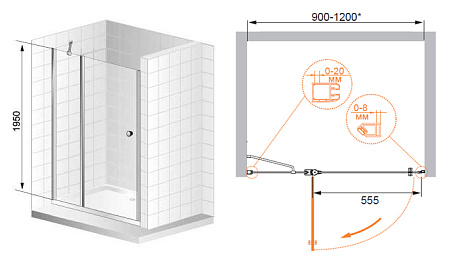 Душевая дверь в нишу Cezares Elena ELENA-W-B-12-100-P-Cr-L рифленое стекло
