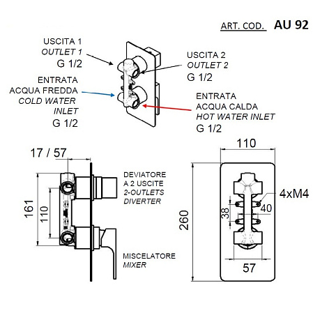 Смеситель Remer Absolute AU92 для душа/ванны, хром