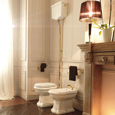 Унитаз Kerasan Retro 101001 с высоким бачком, вертикальный выпуск, фурнитура золото